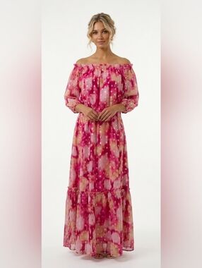 LOFT Pink Off-Shoulder Maxi Dress with Gold Dot Detail Size L. Like New.